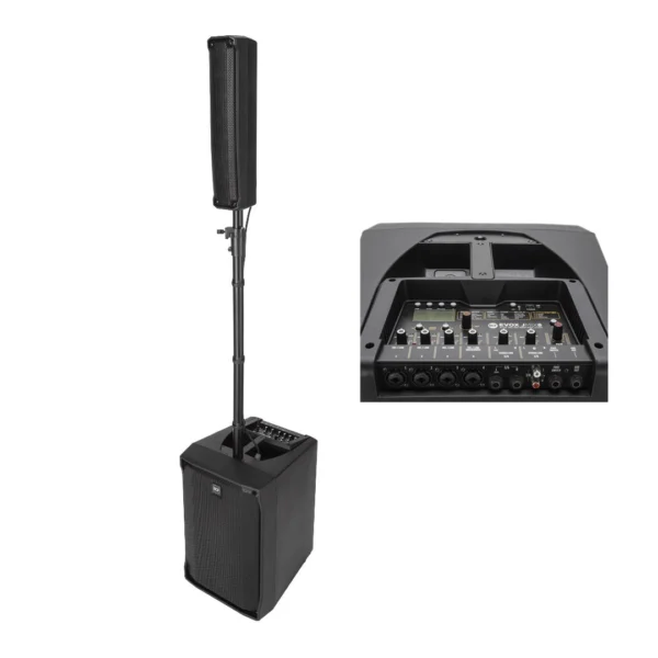 Sistema de sonido portátil RCF EVOX JMIX8 con mezclador integrado, ideal para eventos y presentaciones en vivo.