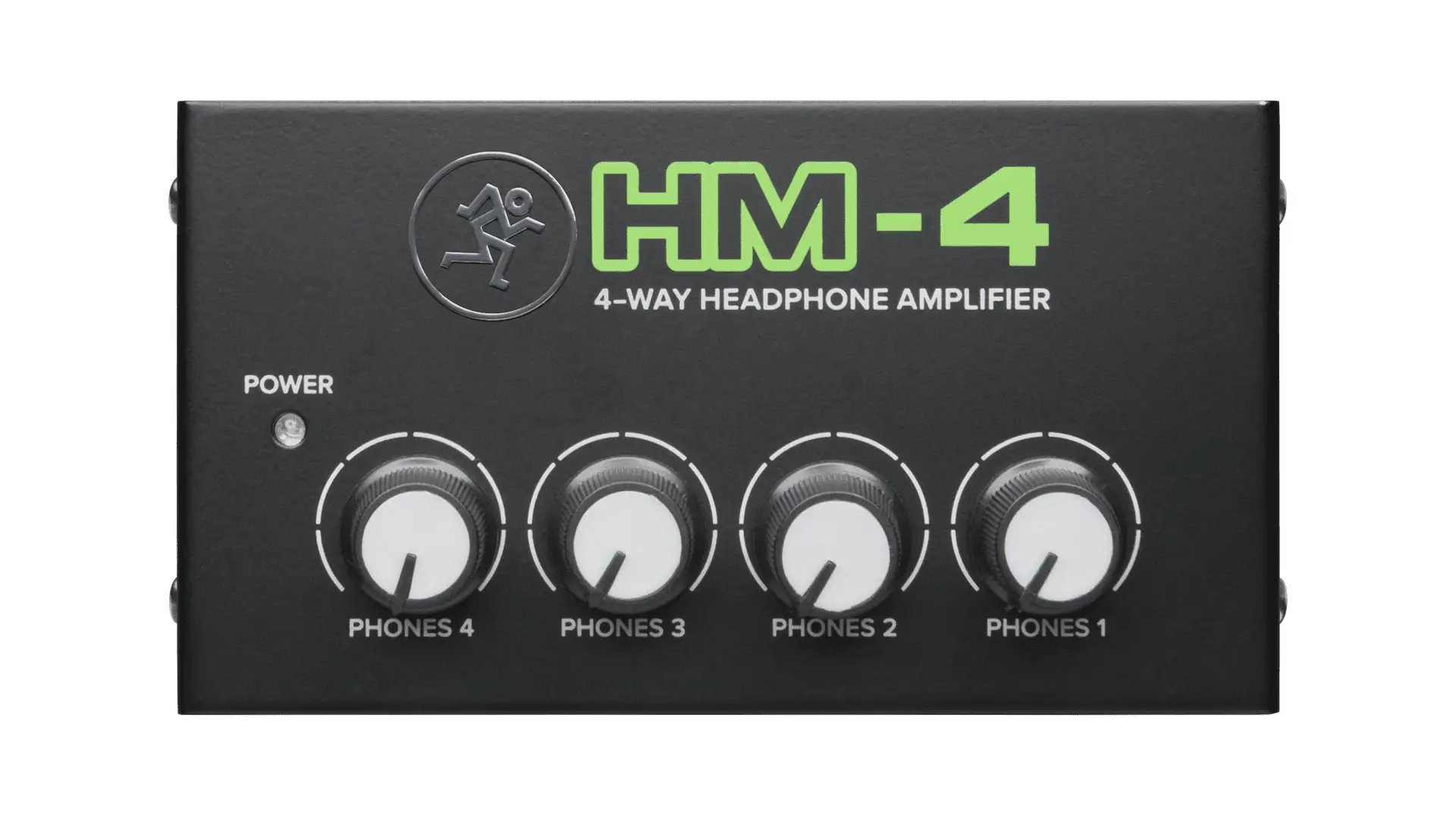 Vista frontal del amplificador Mackie HM-4. Amplificador de audífonos Mackie HM-4 vista frontal