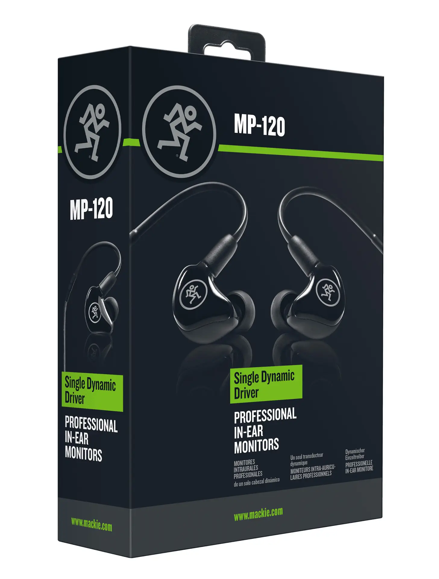 Empaque comercial de los monitores in-ear Mackie MP-120. Caja original de audífonos Mackie MP-120 profesionales