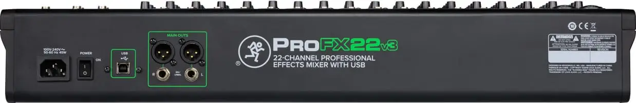 Conexiones posteriores de la Mackie ProFX22v3. Panel posterior de consola Mackie ProFX22v3 con USB y salidas principales