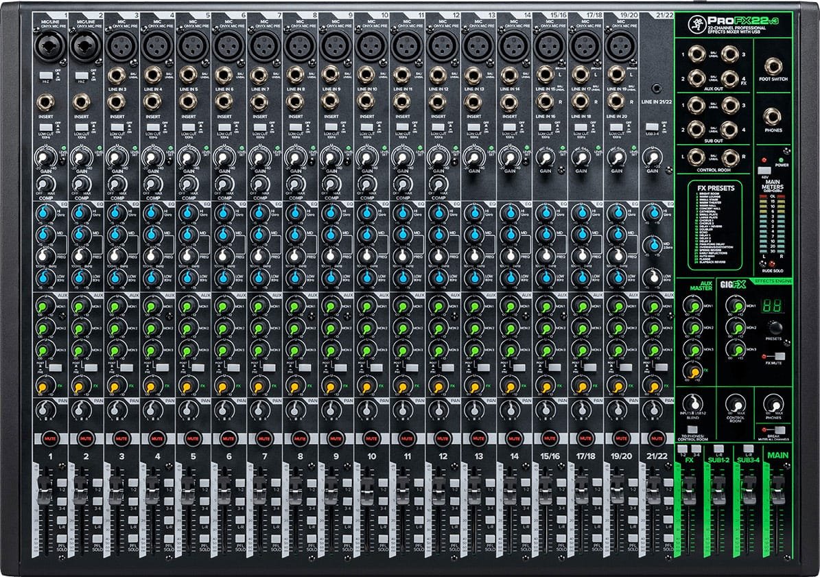 Panel de control de la consola Mackie ProFX22v3. Consola Mackie ProFX22v3 profesional de 22 canales vista superior
