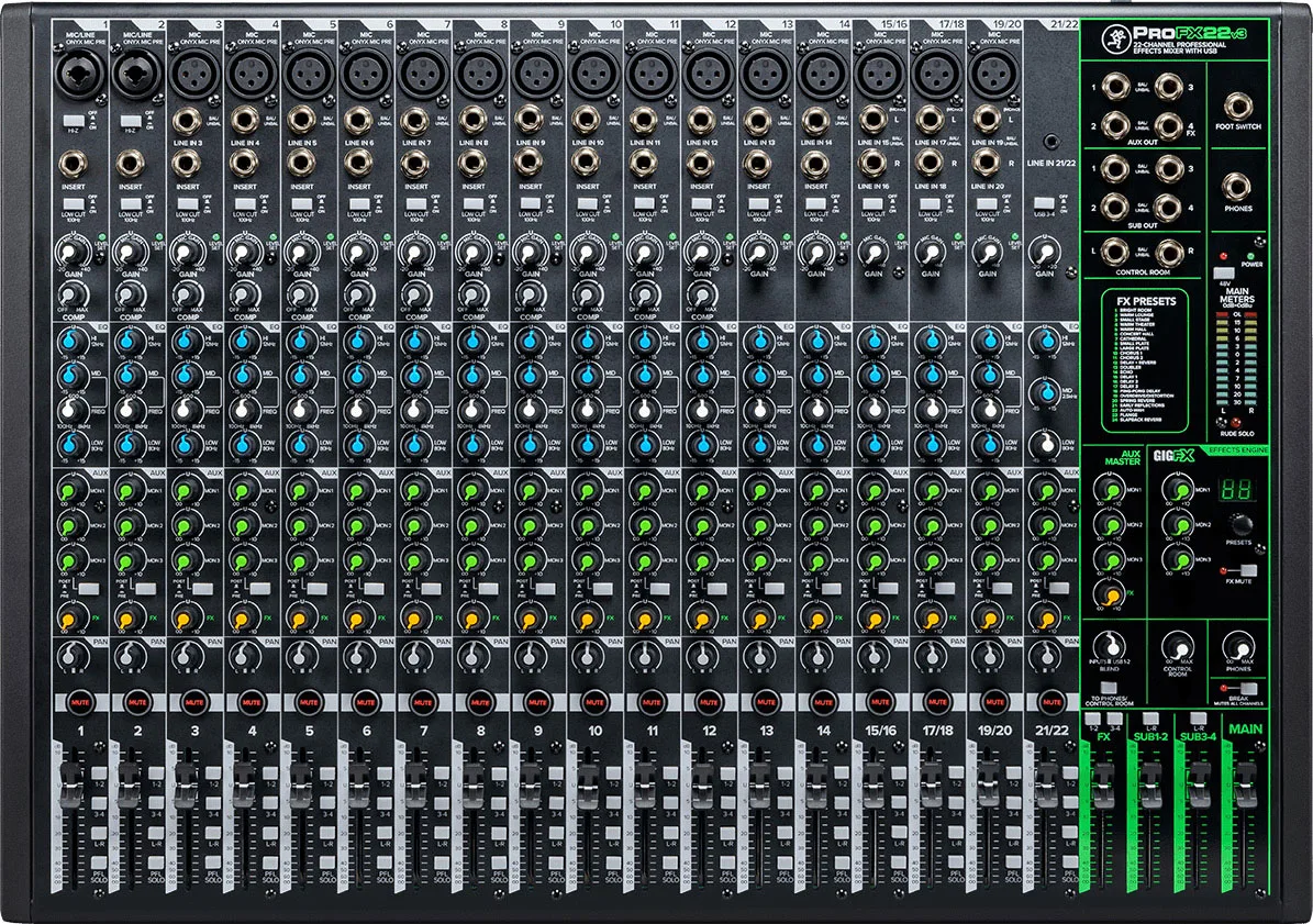 Consola Mackie ProFX22v3 profesional de 22 canales vista superior