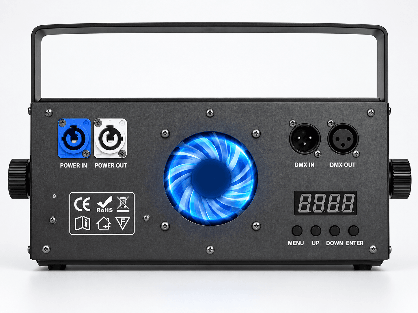 Panel posterior de Luz Blinder LED con conexiones DMX y alimentación