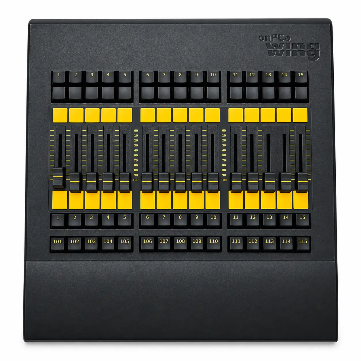 Vista superior del Aura Lighting Fader Wing con 15 faders y botones de ejecución. Aura Lighting Fader Wing controlador de iluminación con 15 faders