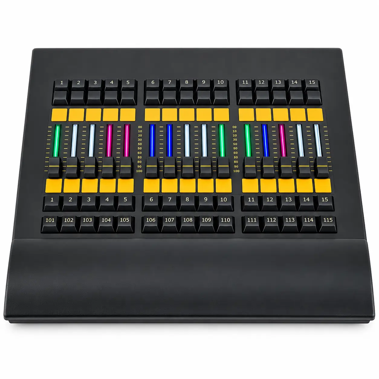 Superficie de operación del Fader Wing con faders y teclas de ejecución. Aura Lighting Fader Wing con faders e indicadores de control