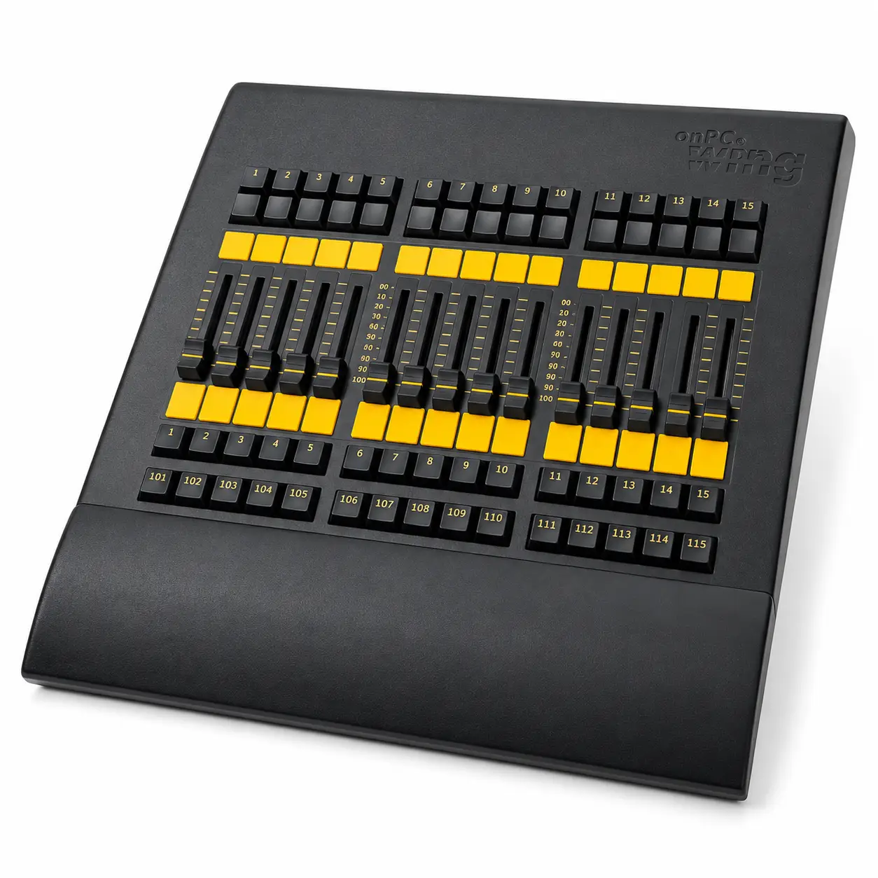 Aura Lighting Fader Wing vista diagonal con 15 faders