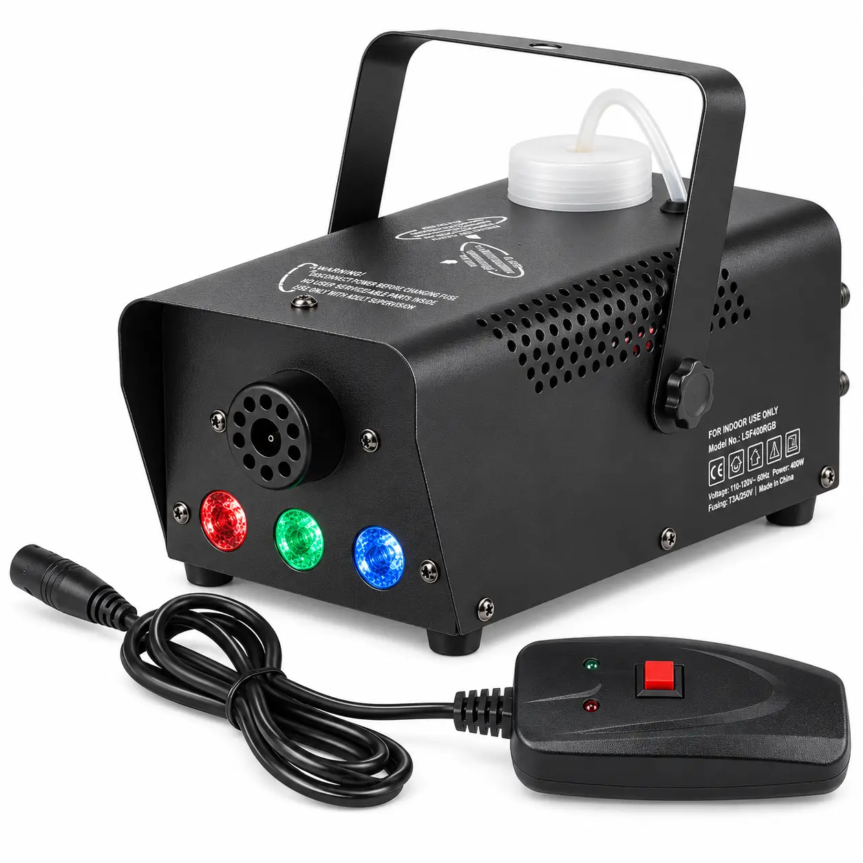 Cámara de Humo AL-109 con control remoto cableado y luces LED de colores integradas. Cámara de Humo AL-109 con control remoto y luces LED RGB vista frontal