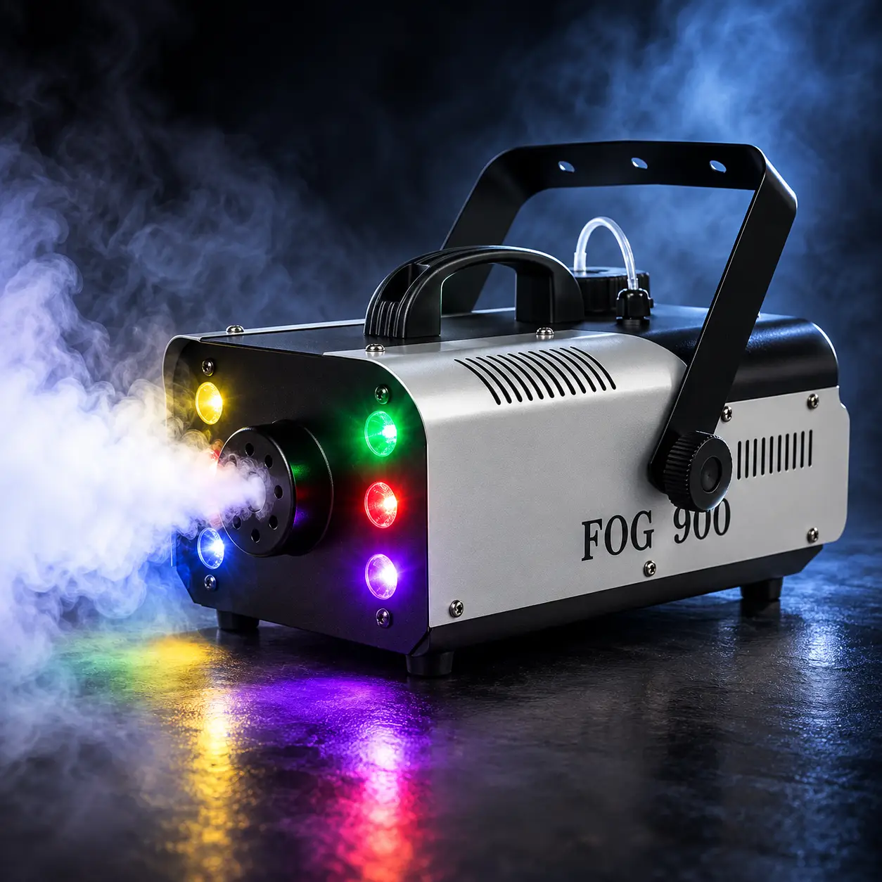 La máquina de humo AL-110 en funcionamiento con emisión de humo y luces LED multicolor. Máquina de humo AL-110 expulsando humo con luces LED de colores