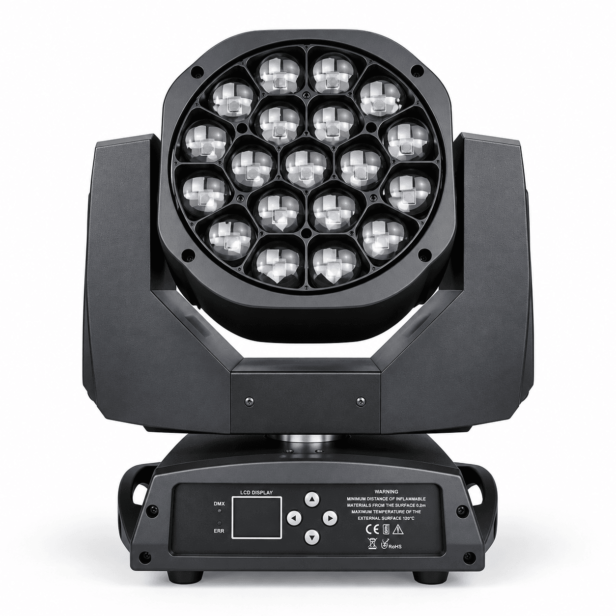 Vista frontal directa de la cabeza móvil AURA LIGHTING B-EYE con sistema óptico de 19 lentes LED. AURA LIGHTING B-EYE 19 LED cabeza móvil vista frontal con matriz de 19 lentes