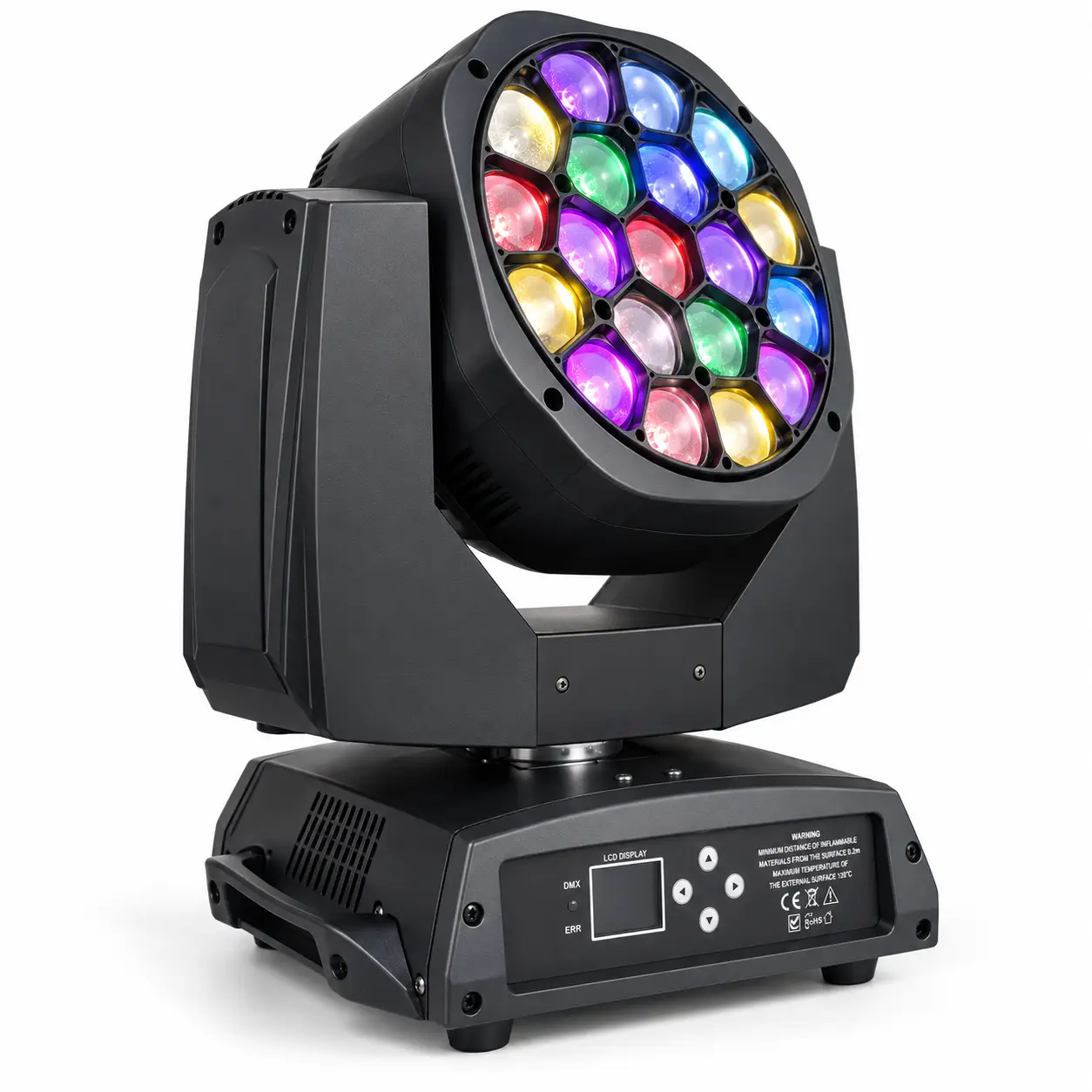 Vista en perspectiva de la cabeza móvil AURA LIGHTING B-EYE 19 LED con LEDs multicolor activos. AURA LIGHTING B-EYE 19 LED cabeza móvil multicolor vista lateral frontal
