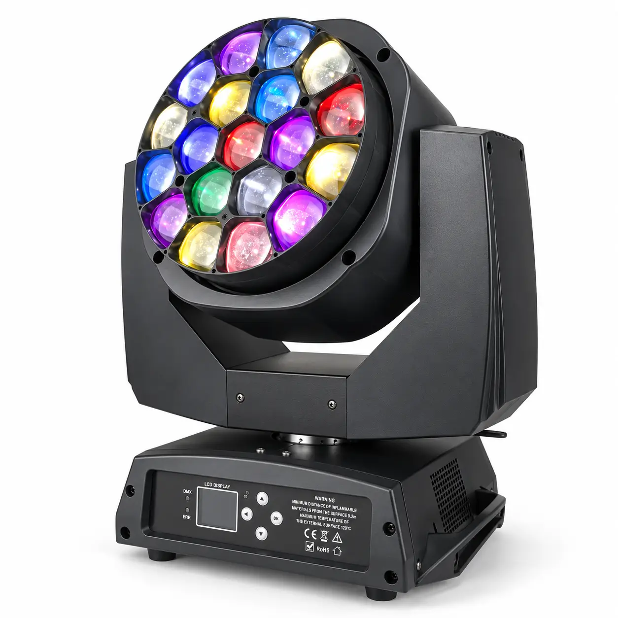 Cabeza móvil AURA LIGHTING B-EYE 19 LED con efectos multicolor para iluminación profesional. AURA LIGHTING B-EYE 19 LED cabeza móvil profesional multicolor vista lateral