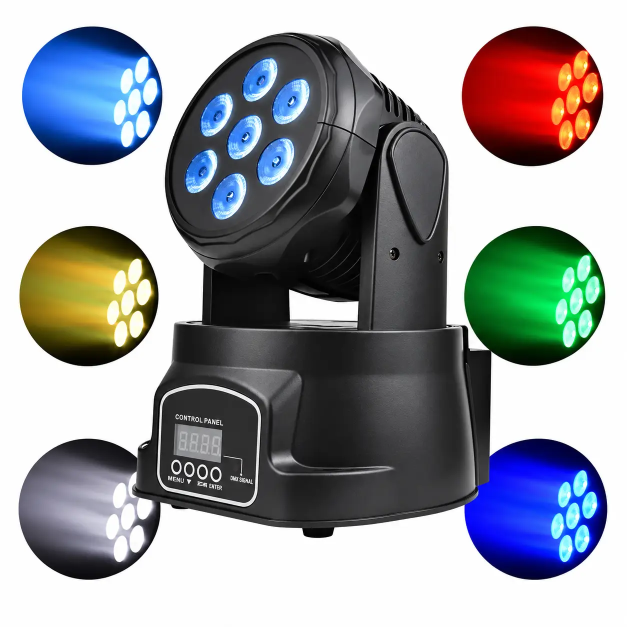 Cabeza móvil LED con diferentes colores y efectos para iluminación de escenarios y eventos. Cabeza móvil LED 7 LEDs con efectos de luz azul rojo verde blanco y amarillo