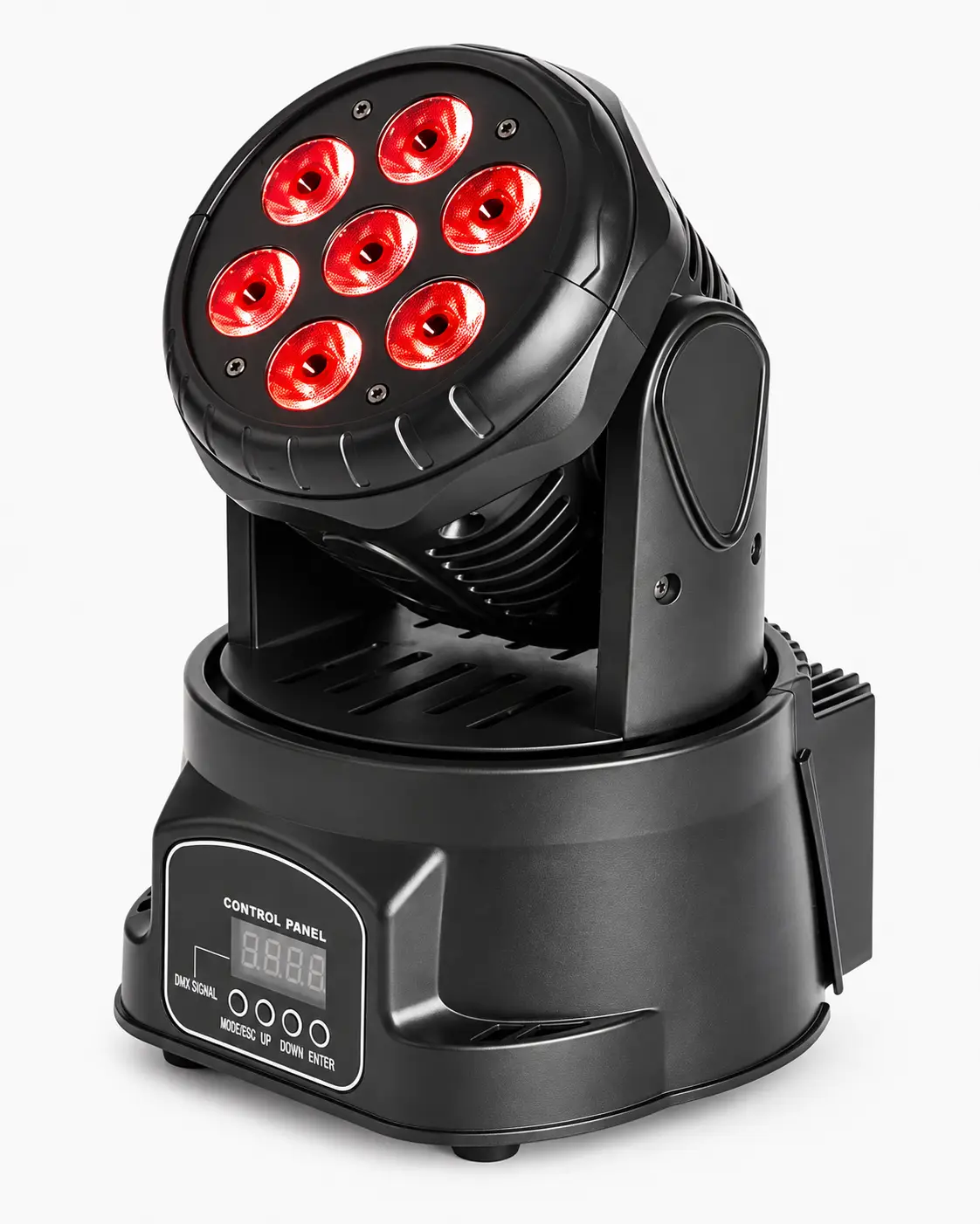 Cabeza móvil LED profesional de 7 lentes con iluminación roja y panel digital de control. Cabeza móvil LED 7 LEDs profesional encendida en color rojo vista frontal