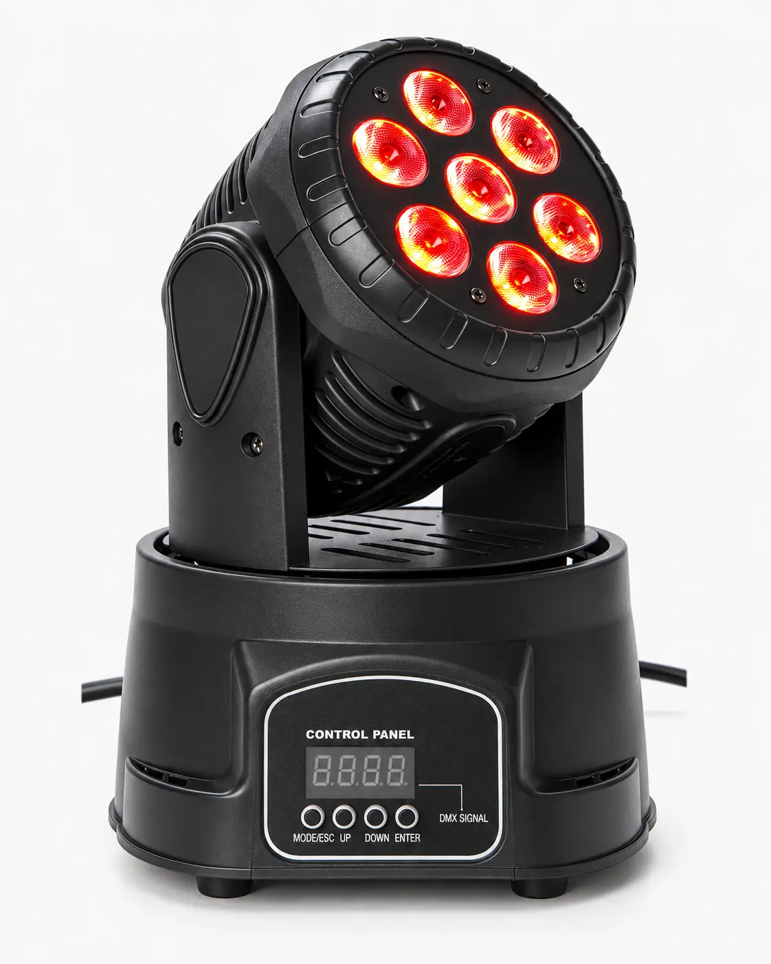 Cabeza móvil LED 7 LEDs encendida en rojo vista lateral