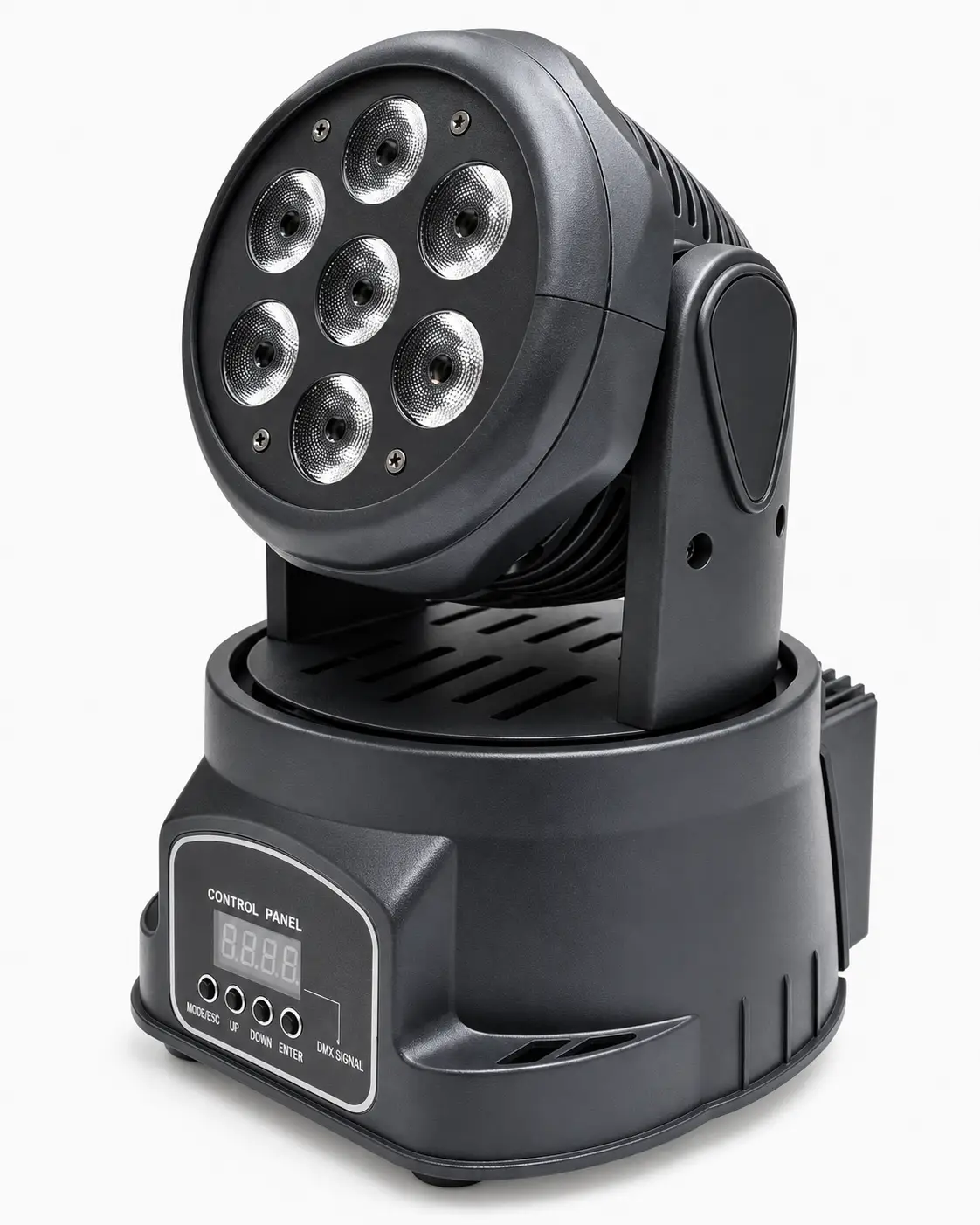 Vista frontal de la cabeza móvil LED con siete lentes y estructura motorizada. Cabeza móvil LED 7 LEDs profesional vista frontal con siete lentes ópticas