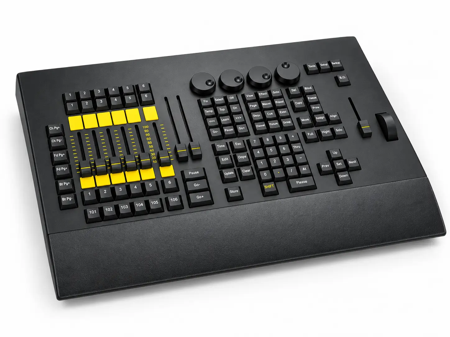 Vista completa del controlador AURA LIGHTING AL-107 para programación y control de iluminación. AURA LIGHTING AL-107 consola DMX profesional vista diagonal