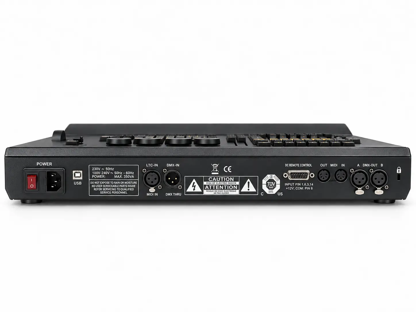 Panel posterior del AURA LIGHTING AL-107 con conexiones para integración en sistemas profesionales de iluminación. Panel posterior AURA LIGHTING AL-107 con DMX MIDI USB y conexiones de control