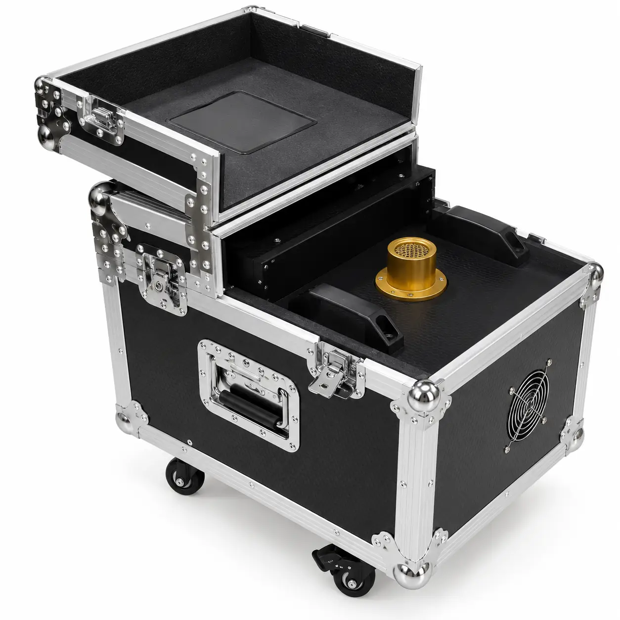 Vista abierta del flight case AL-114 mostrando la zona interna y el sistema de salida de humo. Máquina de humo doble 600W AL-114 abierta mostrando compartimento interno y boquilla de salida