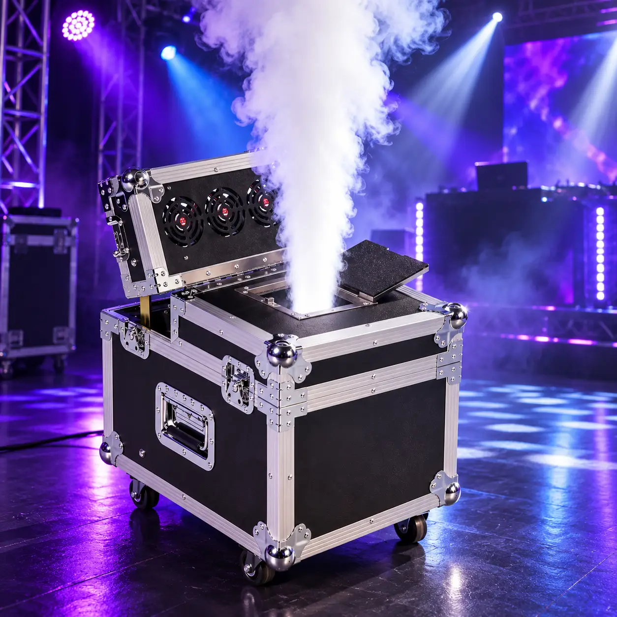 Máquina de humo doble AL-114 generando una potente columna de humo para escenarios y eventos profesionales. Máquina de humo doble AL-114 en funcionamiento sobre escenario profesional