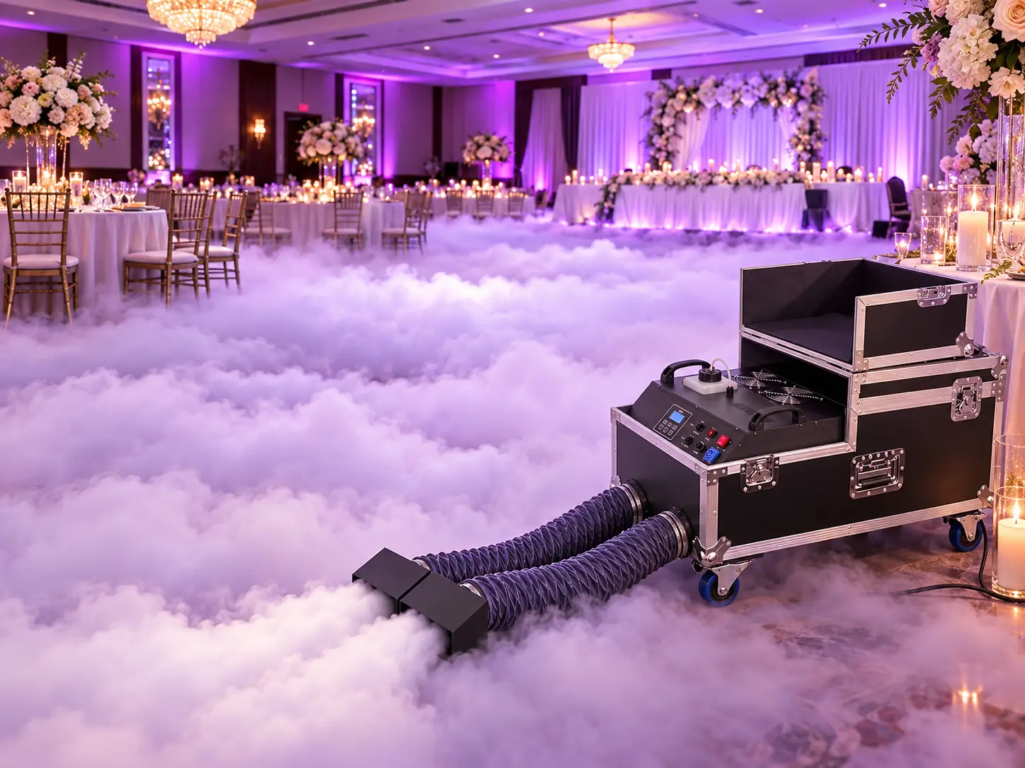 La AL-115 crea un efecto de niebla baja ideal para bodas, recepciones y eventos especiales. Máquina de niebla baja Aura Lighting AL-115 generando efecto de nube rasante en salón de eventos