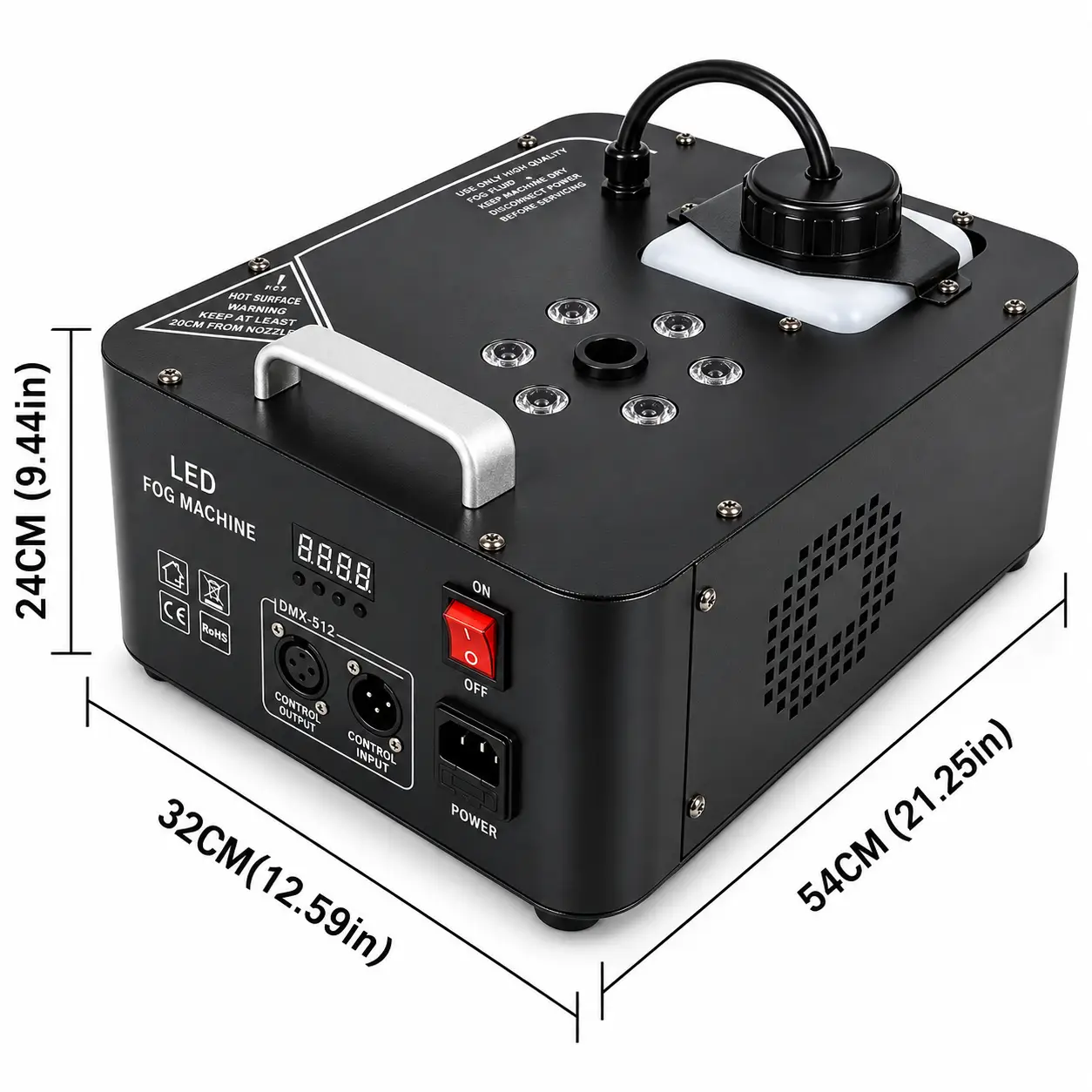 Medidas referenciales de la máquina de humo vertical AURA LIGHTING AL-112. Vista de la máquina de humo vertical AURA LIGHTING AL-112 con dimensiones referenciales del equipo