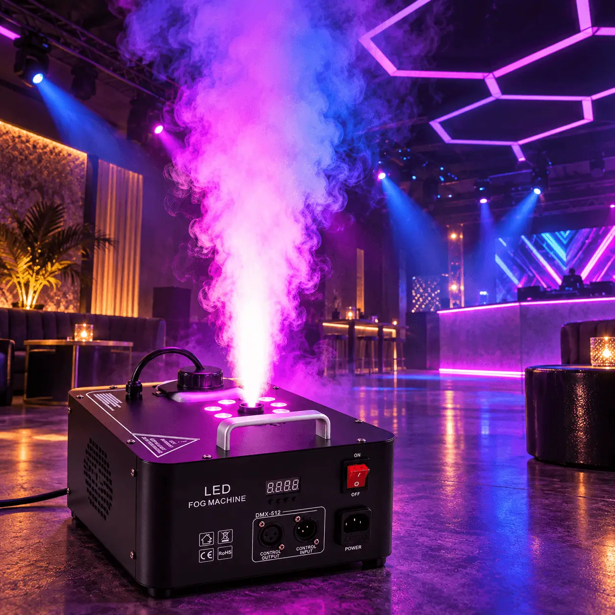 Efecto de humo vertical con iluminación LED ideal para shows y eventos. Máquina de humo vertical AURA LIGHTING AL-112 generando columna de humo con iluminación LED en ambiente de evento