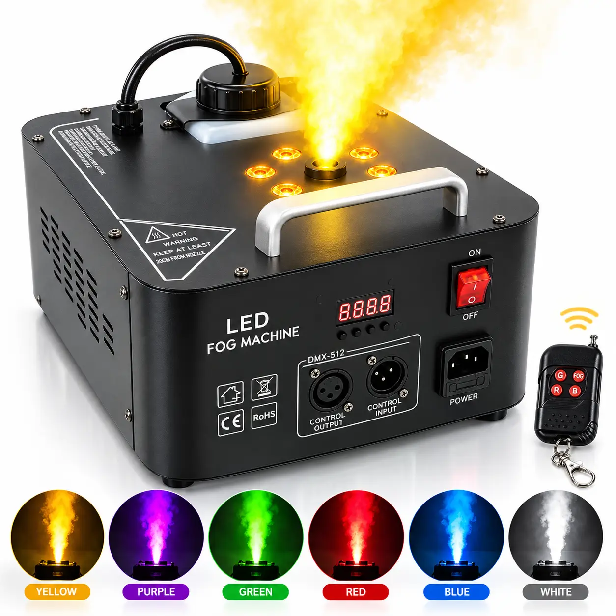 La AL-112 permite crear efectos visuales con varios colores de iluminación LED. Máquina de humo vertical AURA LIGHTING AL-112 mostrando colores de humo LED y control remoto
