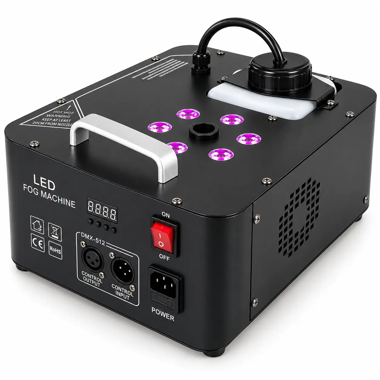 Vista superior y frontal de la máquina de humo vertical AURA LIGHTING AL-112 con depósito, salida de humo y LEDs superiores