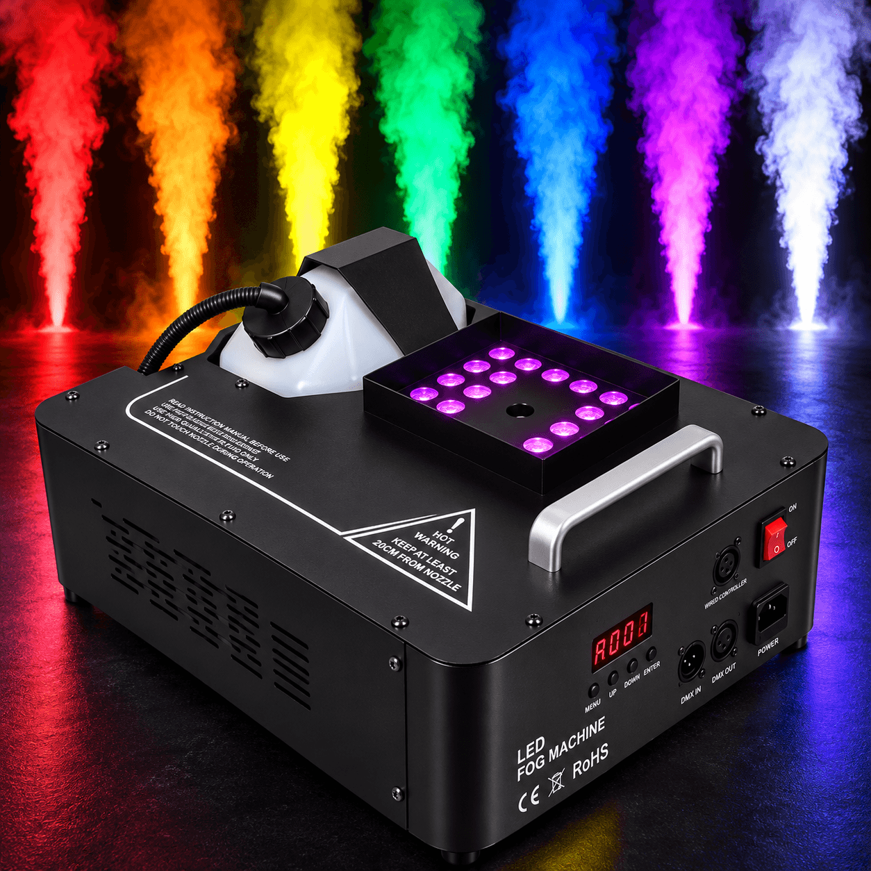 Diferentes colores de iluminación aplicados a la columna de humo de la AL-113. Máquina de humo de columna de aire AURA LIGHTING AL-113 con diferentes efectos de iluminación LED