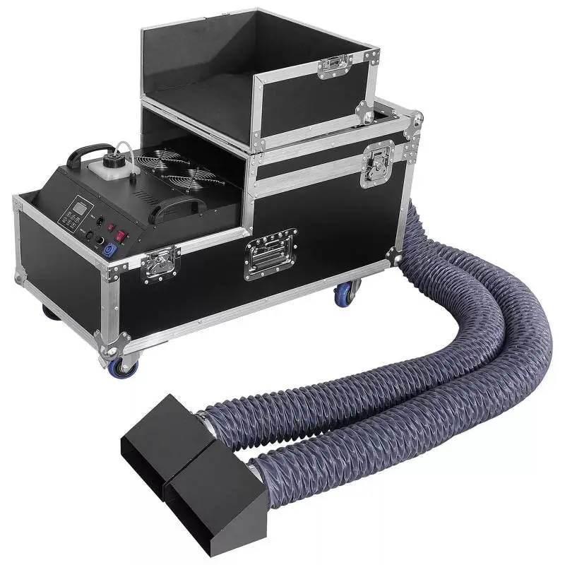 Vista general de la máquina de niebla baja Aura Lighting AL-115 con doble conducto de salida. Máquina de niebla baja a base de agua Aura Lighting AL-115 con doble manguera de salida y carro con ruedas