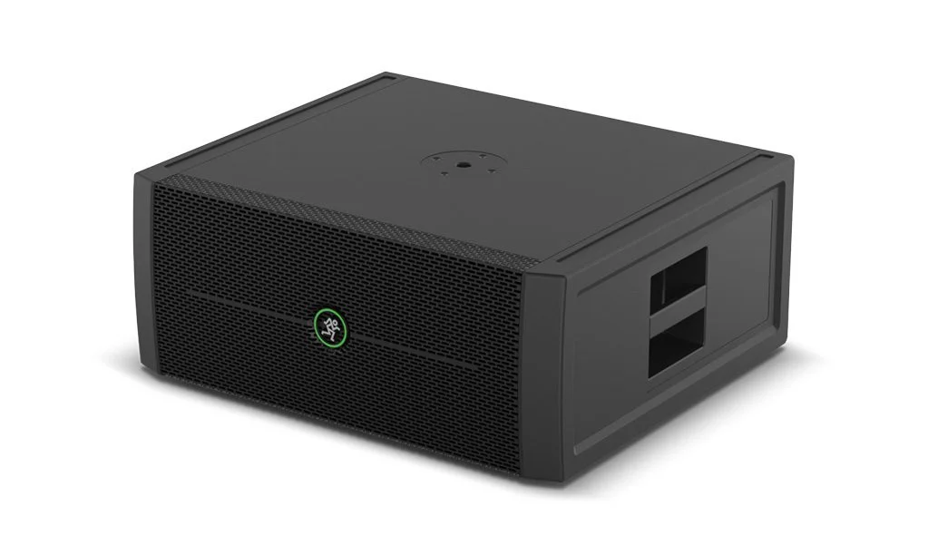 Mackie ThumpSub GO colocado horizontalmente para aplicaciones de sonido portátil. Mackie ThumpSub GO subwoofer portátil en posición horizontal